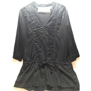 Black Tunic Top Large Old Navy Drawstring Waist Rouged Front Lace Peasant Boho